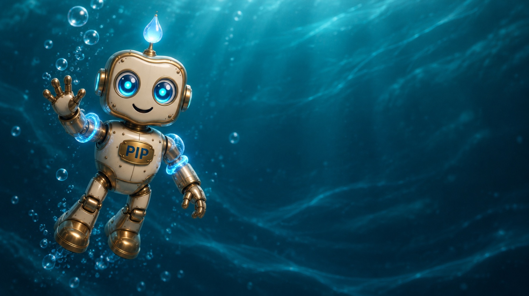 PIP: a small brass-and-cream robot with glowing blue eyes and a water-drop antenna, drifting in deep water and waving at you